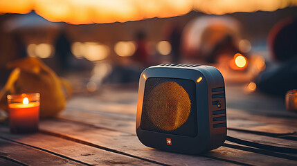 Cozy Camping with Vintage Speaker, vintage speaker on a wooden table sets a nostalgic scene at a twilight campsite, with glowing tents and warm candlelight