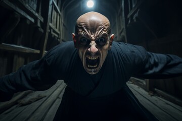 Agonized Evil Monk Screaming with Intense Anger and Distressed Facial Expression