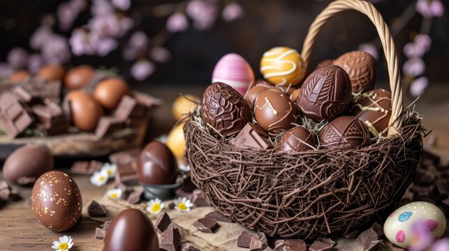 Chocolate easter eggs in the woven basket. Holidays decorations.
