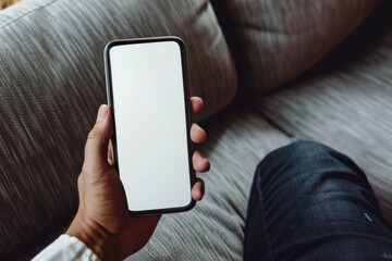 Man using smartphone blank screen frameless modern design while sitting on the chair in home interior