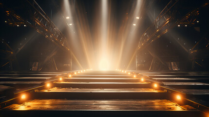 Fototapeta na wymiar Glowing Stage Lights on Empty Stairs, dramatic stage setting with luminous beams shining down an unoccupied staircase, creating an atmosphere of anticipation and grandeur.