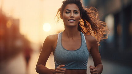 Young woman jogging at sunrise,  fit young woman running outdoors at sunrise, wearing a sports bra...