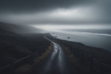 Fototapeta na wymiar View of a dark foggy sad costal landscape with a road running through it in the center reaching to the horizon
