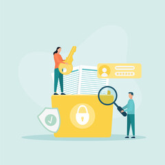 Database and personal data security, cyber data security, privacy, flat design concept illustration template. The guy is holding a magnifying glass, and the girl is holding a key.
