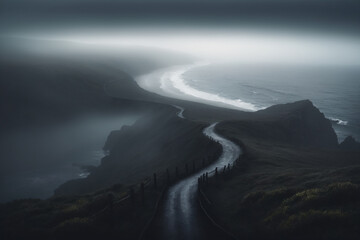 View of a dark foggy sad costal landscape with a road running through it in the center reaching to the horizon