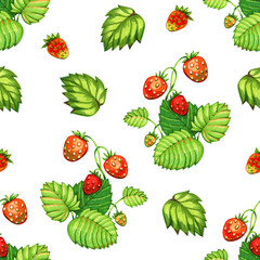 Forest strawberry fruit sketch seamless pattern. Colorful cottagecore illustration.