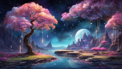 In this mesmerizing watercolor painting, a regal futuristic digital garden comes to life with vibrant colors and intricate details. The main subject of the image is a magnificent blooming tree - obrazy, fototapety, plakaty