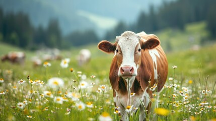 Cute white brown milky cow eat grass at meadow with flowers. Cattle grazing at farm pasture....