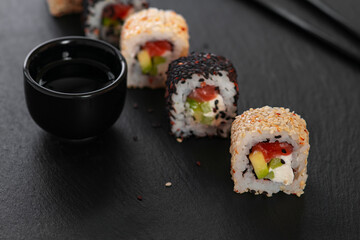 Sushi roll with rice. Sushi menu. Japanese food.