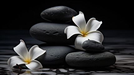 Black stones with a white flower