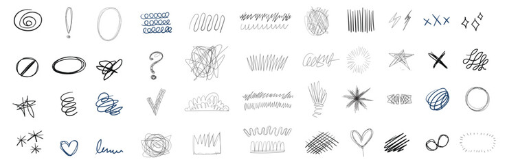 Hand drawn scribble elements. Hand Drawn Design Elements Collection. scribble emphasis lines, crazy hatches, ovals and crosses. Each element is united and isolated.
