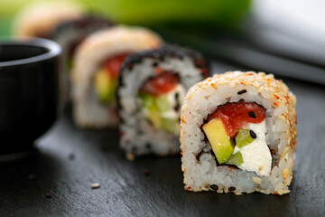 Sushi roll with rice. Sushi menu. Japanese food.