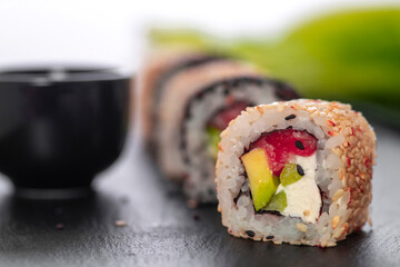 Sushi roll with rice. Sushi menu. Japanese food.
