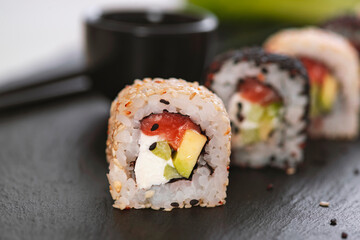 Sushi roll with rice. Sushi menu. Japanese food.