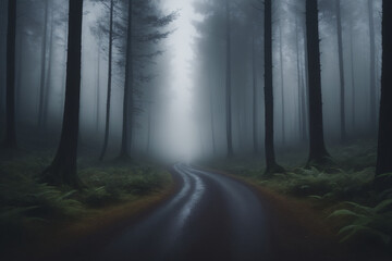 Obraz premium View of a dark foggy sad forest landscape with a road running through it in the center reaching to the horizon