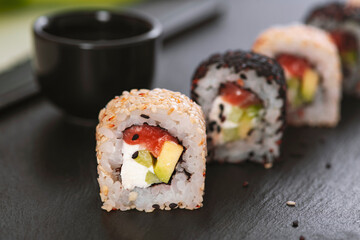 Sushi roll with rice. Sushi menu. Japanese food.