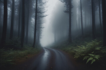 Fototapeta na wymiar View of a dark foggy sad forest landscape with a road running through it in the center reaching to the horizon