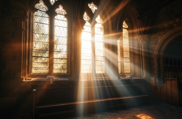 Sun's rays of dawn passing through the church window. - Powered by Adobe