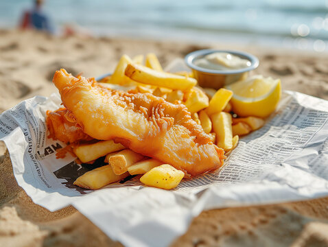 Delicious fish and chips takeaway meal in sunlight on the beach. The fish and chips are wrapped in newspaper with a  lemon. Sunset seaside banner with copy space.