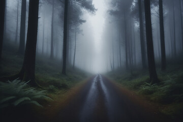 Obraz premium View of a dark foggy sad forest landscape with a road running through it in the center reaching to the horizon