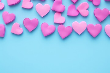 Pink paper hearts on a pastel blue background. Happy Valentine's Day