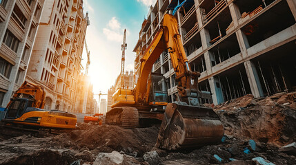 Fototapeta premium Excavator at a construction site. Construction work is in full swing.