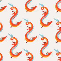 Seamless pattern of red Chinese dragons in flat style. Design background for textile, cover, paper on new year 2024. Flying dragons for asian holiday. Vector illustration on isolated backdrop