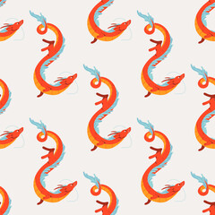 Obraz premium Seamless pattern of red Chinese dragons in flat style. Design background for textile, cover, paper on new year 2024. Flying dragons for asian holiday. Vector illustration on isolated backdrop