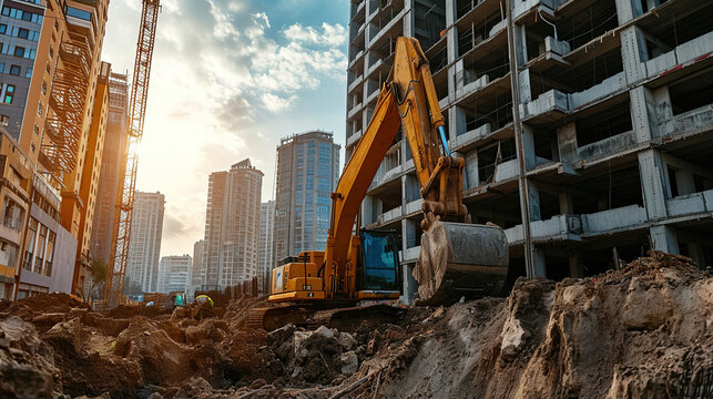Excavator at a construction site. Construction work is in full swing.