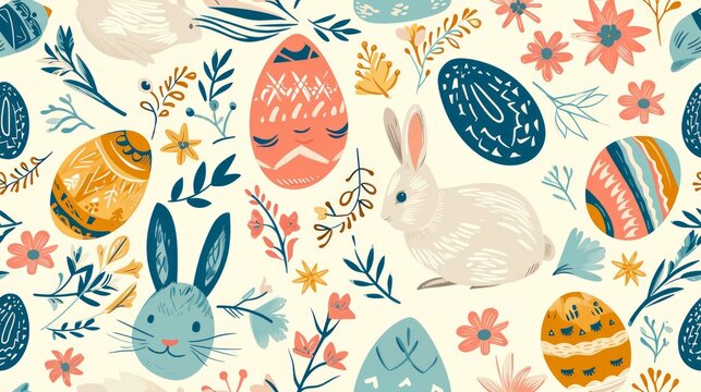 Colorful Easter eggs and bunnies background. Seamless pattern