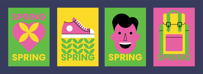 Set of bright spring posters with love heart, sneakers, smiling male face, backpack, concept of freedom, activity, positive energy. Brutalism, minimalism, simple geometric shape. 