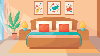 Comfortable hotel room with a double bed, bedside tables, lamps, paintings. Interior Design. Bedroom, cozy house. Vector illustration, background