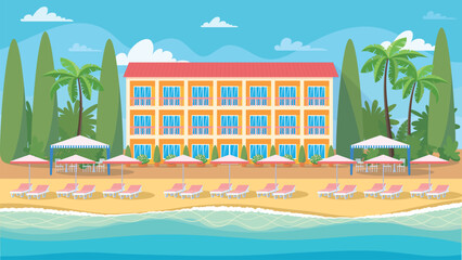 Summer landscape, hotel on the seashore, tropical plants, palm trees, beach with chaise-longue and umbrellas. Resort, sanatorium, beach vacation, relaxation. Vector illustration, background, banner - obrazy, fototapety, plakaty