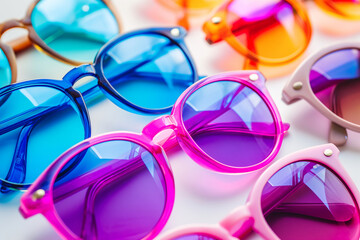 Assortment of Colorful Sunglasses on a White Background