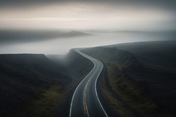 View of a dark foggy sad landscape with a road running through it in the center reaching to the horizon