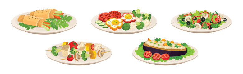 Different Food and Meal Served on Plate Vector Set