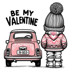 a man with hat in Valentines with cute pink car and word "be my valentine"