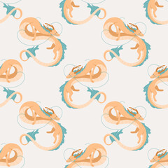 Chinese dragon seamless pattern. Chinese pattern. Chinese dragons flying cartoon for decor. Symbol of Chinese New Year 2024. Dragon for asian holiday template. Vector illustration on isolated backdrop