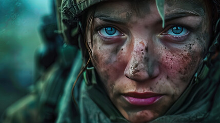 Girl at war. A sensual and tired look after the last mission. - obrazy, fototapety, plakaty