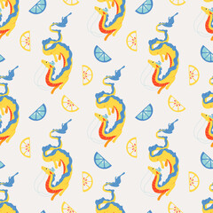 Seamless pattern with yellow Chinese dragons and slice of lemon or orange. Bright cartoon for decor. Symbol of Chinese New Year 2024. Dragons for asian holiday template. Vector illustration