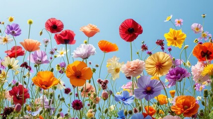 A vibrant array of assorted beauty of wildflowers in a random pattern against a clear, light blue sky background. light and airy composition, capturing the essence of spring or summer