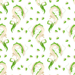 Seamless pattern with green Chinese dragons and leaves. Bright cartoon ornament. Symbol of Chinese New Year 2024. Dragons for asian holiday template. Vector illustration on isolated background