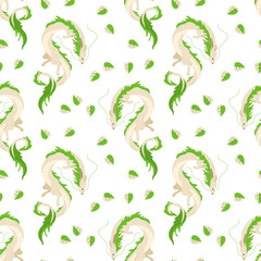 Seamless pattern with green Chinese dragons and leaves. Bright cartoon ornament. Symbol of Chinese New Year 2024. Dragons for asian holiday template. Vector illustration on isolated background