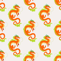 Bright seamless pattern with orange Chinese dragons. Cartoon ornament. Symbol of Chinese New Year 2024. Dragons for asian holiday template. Vector illustration on isolated backdrop