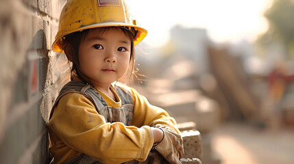 Child in a Builder costume. Plays construction. - obrazy, fototapety, plakaty