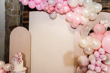 Delicious reception at a birthday party. Arch decorated with pink, and brown balloons, decor...