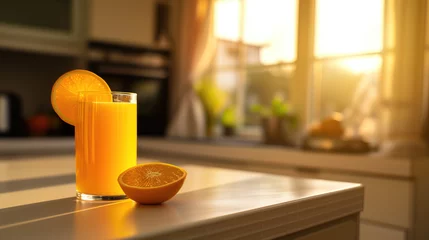 Fotobehang fresh pressed orange juice on kitchen counter © sam richter