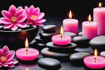 Spa Concept Photo of Pink Candles, Pink Flowers by ai generated