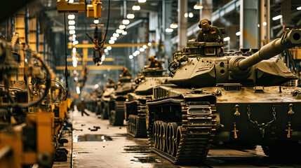 Military factory for the production of tanks. - obrazy, fototapety, plakaty