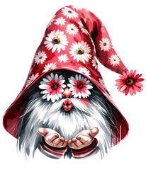 Gnome Valentines Kiss with daisy flowers. red long hat with daisy flower pattern.